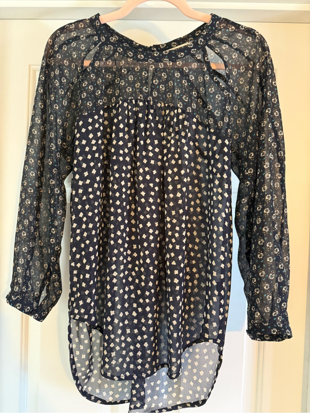 Elodie Navy Printed Sheer Long-Sleeve Tunic